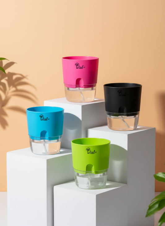 Set of four pots (without plant) in green black grey blue colors