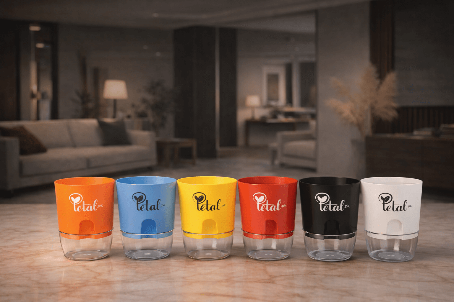 Set of 6 Self Watering Pots (Orange, Blue, Yellow, White, Red, Black and White)
