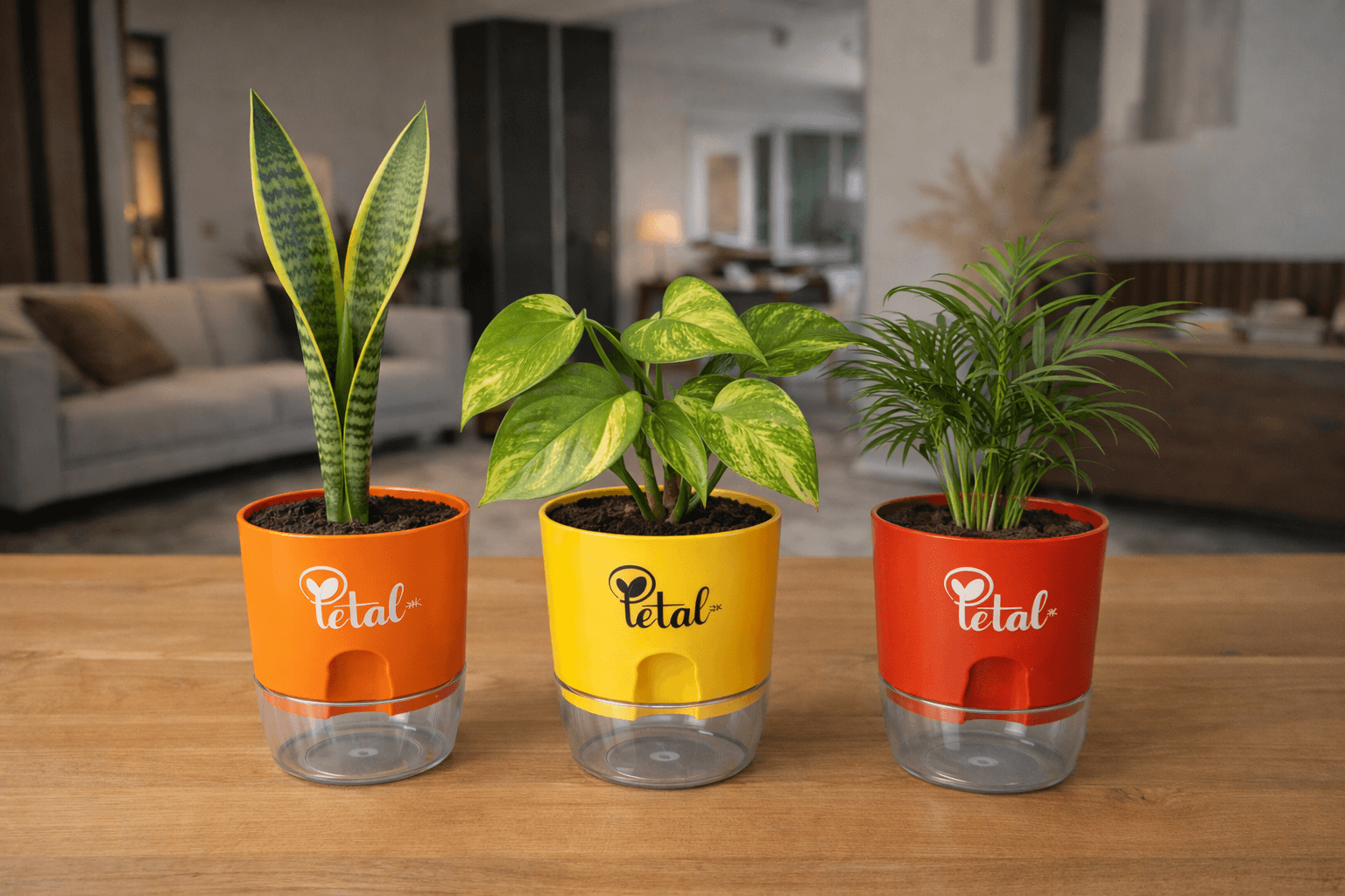 snake plant money plant areca palm Set Of 3 Plants with Self Watering Pots